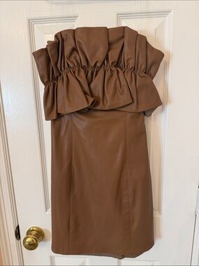 DO+BE Faux Leather Strapless Ruffle Mini Dress in Brown Size S